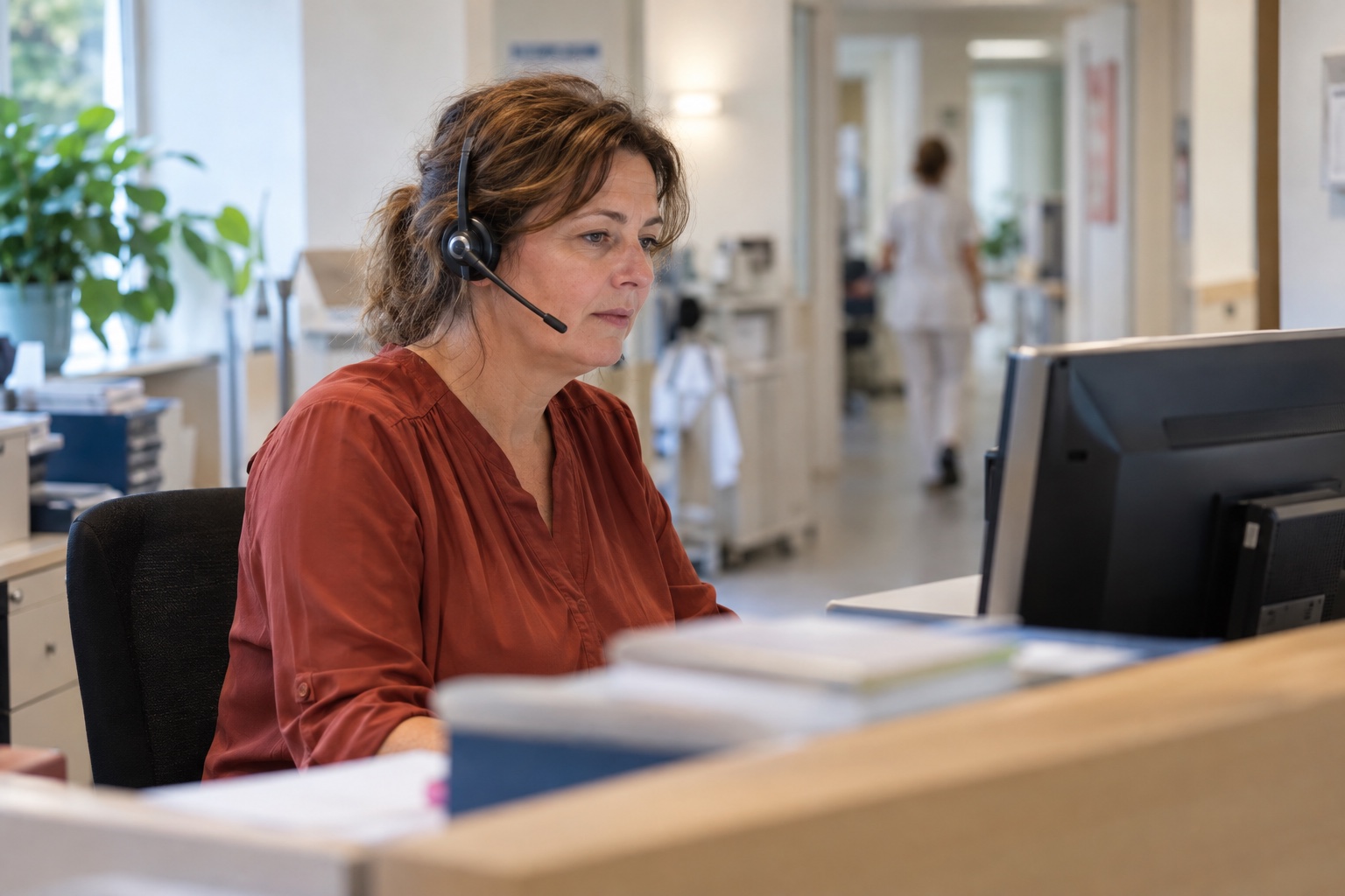 Recepcionista con auriculares atendiendo desde su puesto
